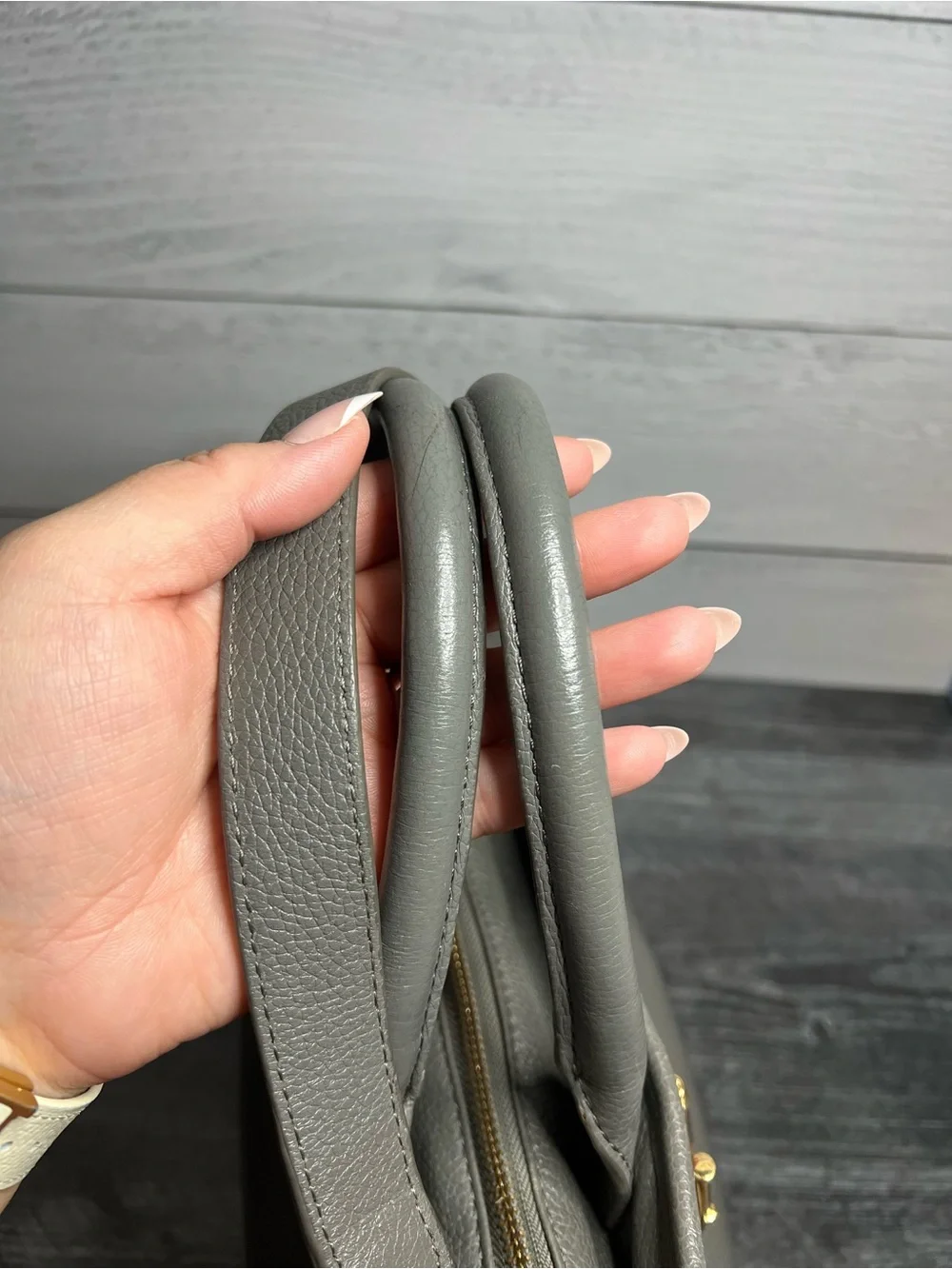 Tory Burch Gray Pebbled Leather Tote with Gold Horsebit Hardware
